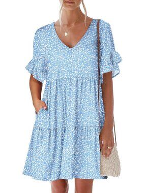 Anrabess Women's White Blue Neck Ruffle Sleeve A Line Tiered Mini Flowy Dress